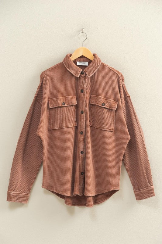 Maribel Oversized Mineral Washed Waffle Knit Shacket – Women’s Casual Button Down Shirt Jacket