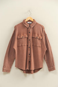 Maribel Oversized Mineral Washed Waffle Knit Shacket – Women’s Casual Button Down Shirt Jacket