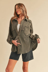 The Judie Mixed Media Vintage Wash Jacket : Charcoal – Relaxed Button Front Layering Shacket for Women