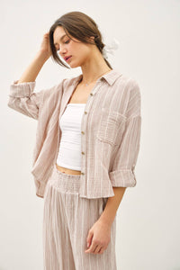 The Dakota Striped Gauze Button-Up Top – Charcoal & Amber