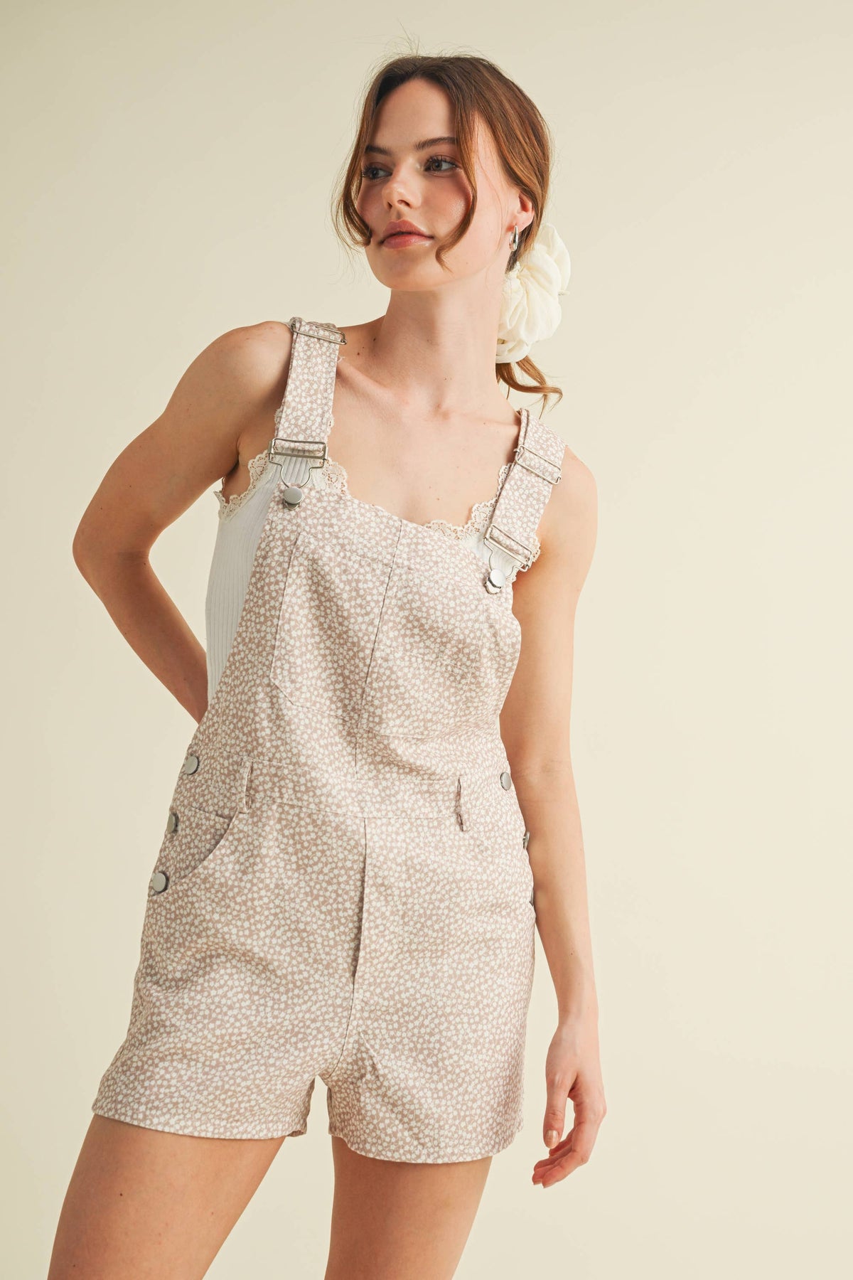 The Daisy Lane Overall Romper: Beige