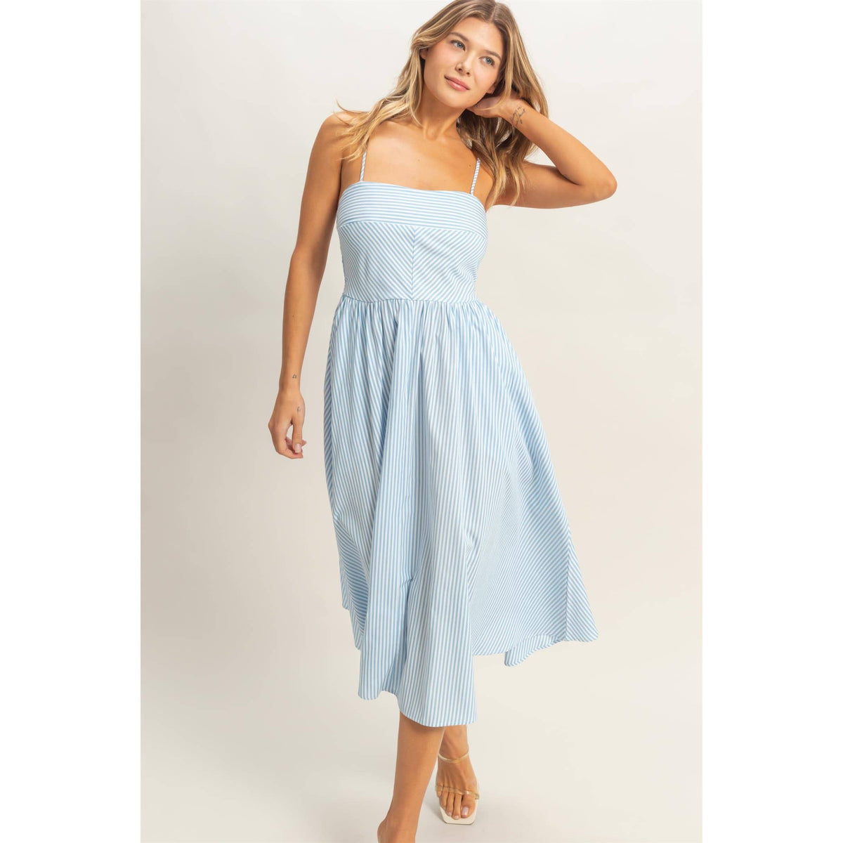 Striped Spaghetti Strap Dress: NAVY / S-M-L(2-2-2)
