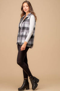 Sleigh Ride Soft and Cozy Plaid Sherpa Vest: Grey