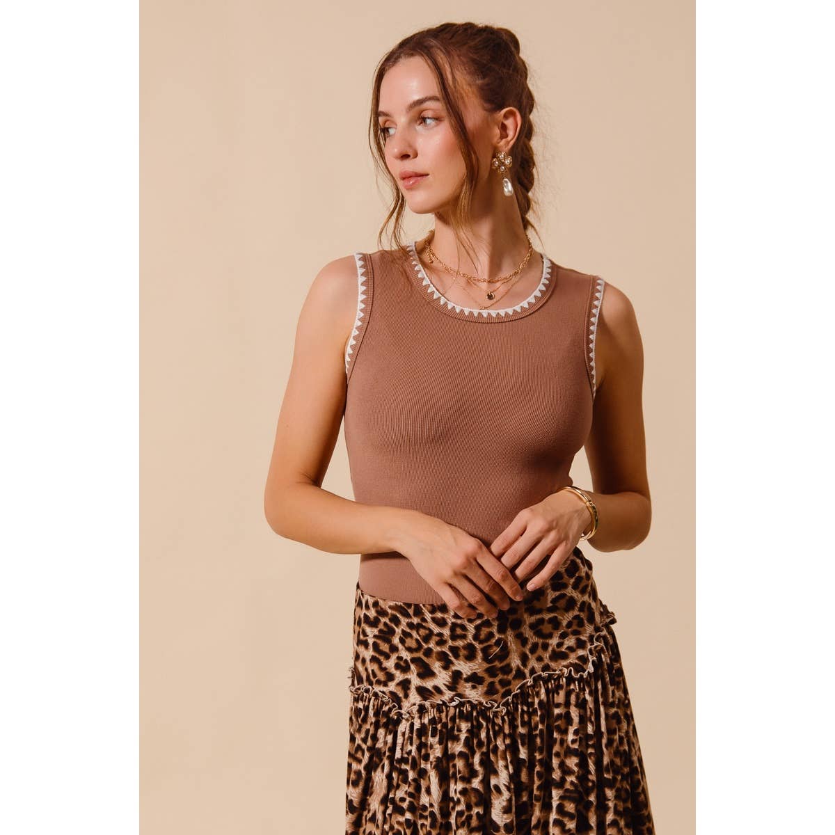 Avery Contrast Embroidered Ribbed Tank: Caramel