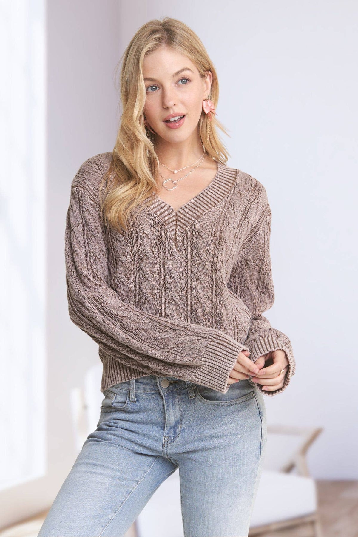 The Emery Mineral Wash Cable Knit Sweater – Mocha Taupe