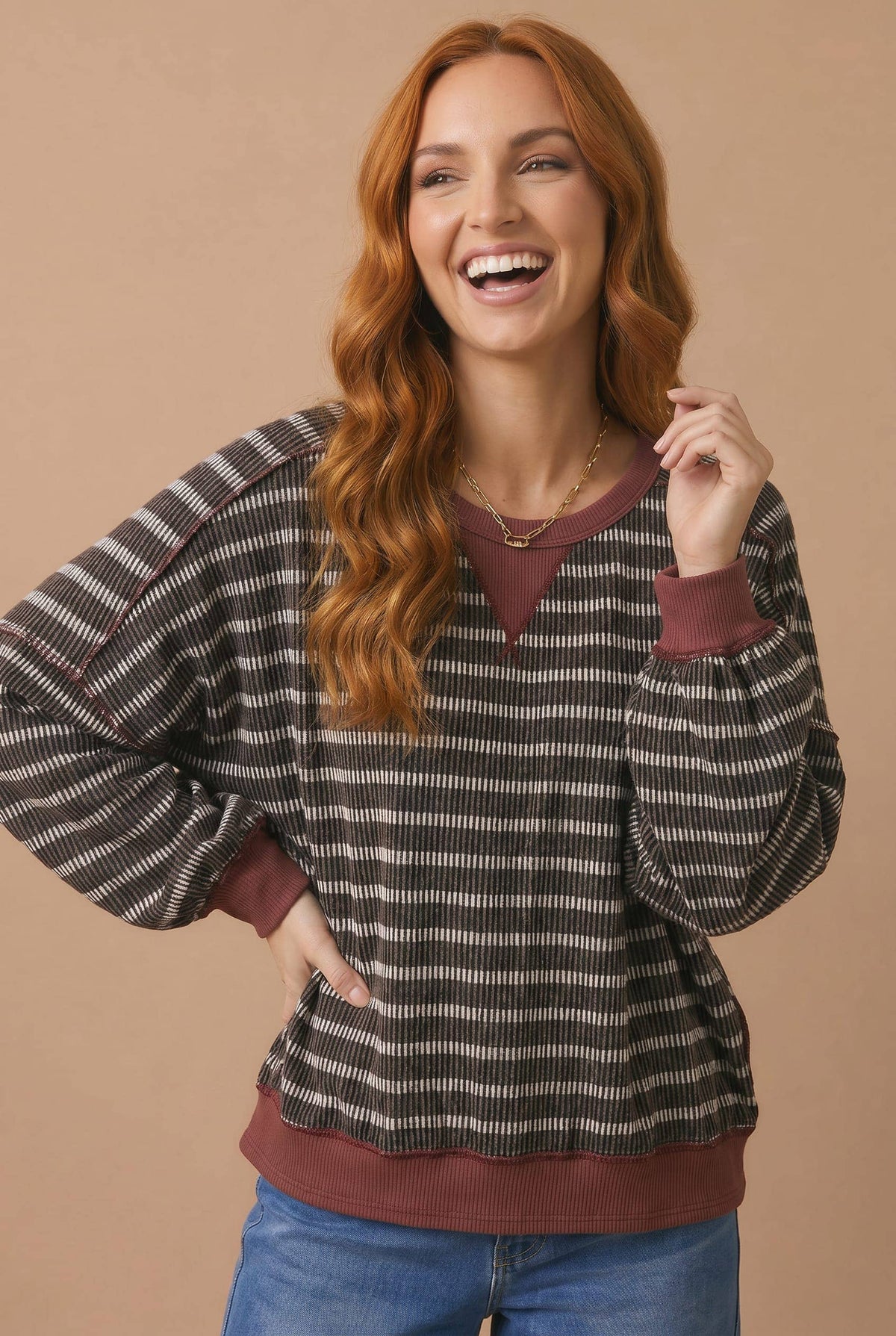 Throwback Stripe Contrast Trim Sweatshirt: Charcoal/ Maroon