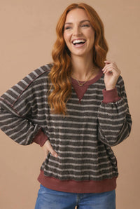 Throwback Stripe Contrast Trim Sweatshirt: Charcoal/ Maroon
