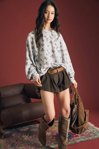 In Full Bloom Floral Knit Top: Light Grey/ Multi