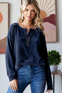 Midnight Chenille Button Detail Long Sleeve Top: Navy