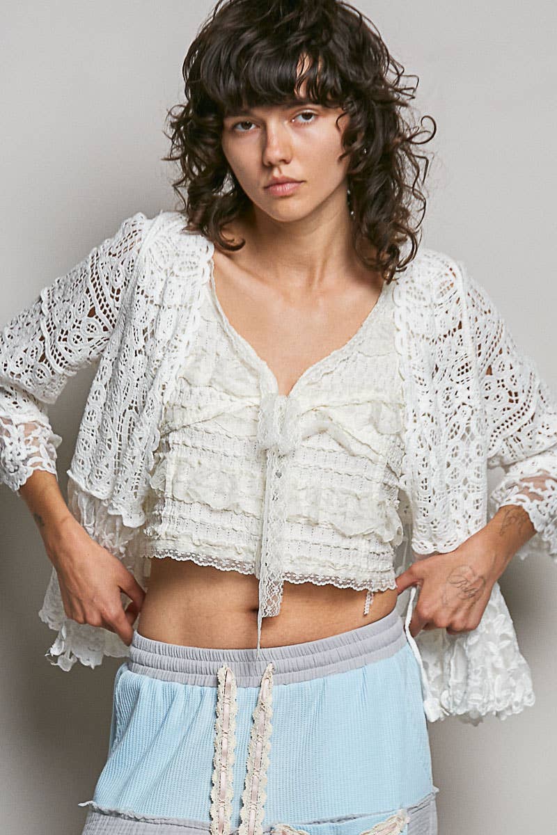 V-neck Short Sleeve Crochet Floral Lace Cardigan: NATURAL / OS