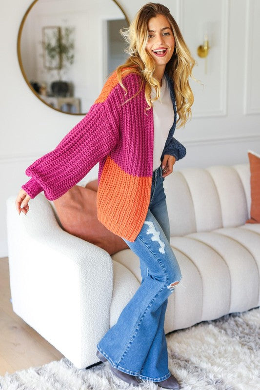 Bella Color Block Chunky Knit Cardigan: Magenta/ Navy/ Rust