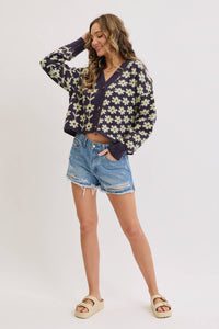 The Soleil Bold Floral Cardigan: Navy – Cropped V-Neck Boxy Sweater