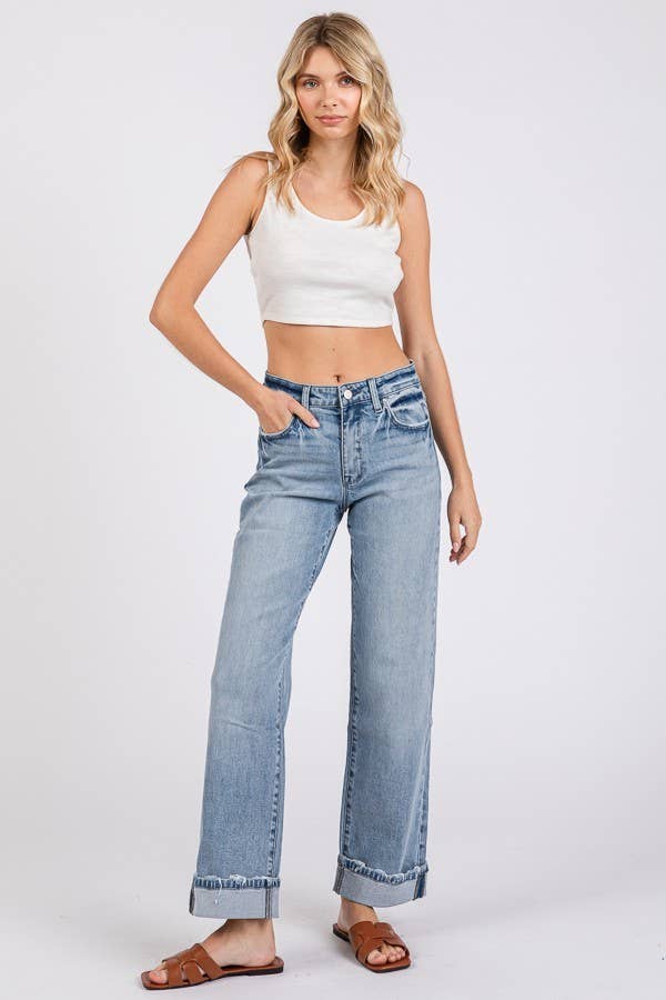 Sawyer Low Rise Baggy Straight Jeans – Light Wash Cuffed Denim with Soft Stretch