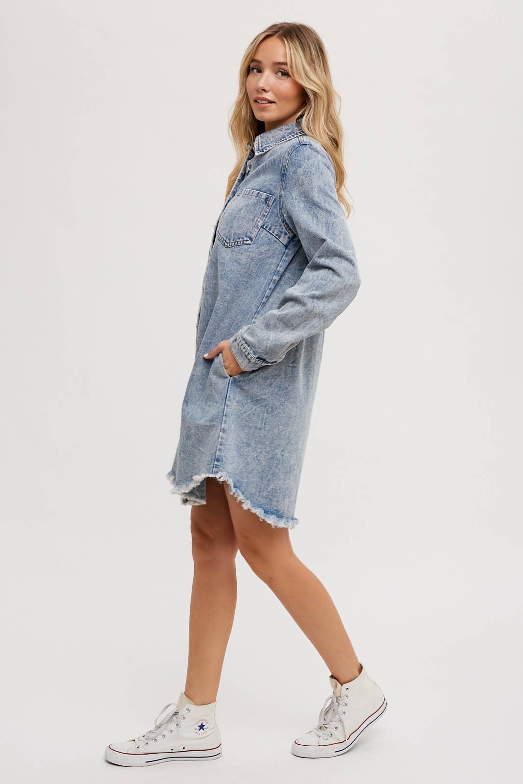 Billie Denim Distressed Long Sleeve Shirt Dress: Medium Wash