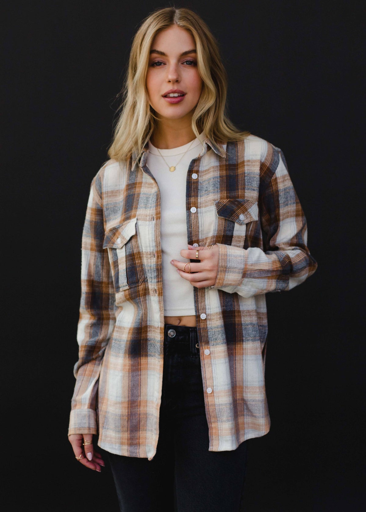 Fall Favorite Cream, Camel & Navy Plaid Flannel