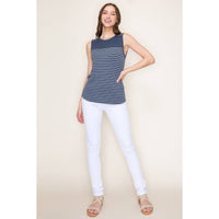 Harper Navy Striped Button Shoulder Tank | Casual Women's Sleeveless Top