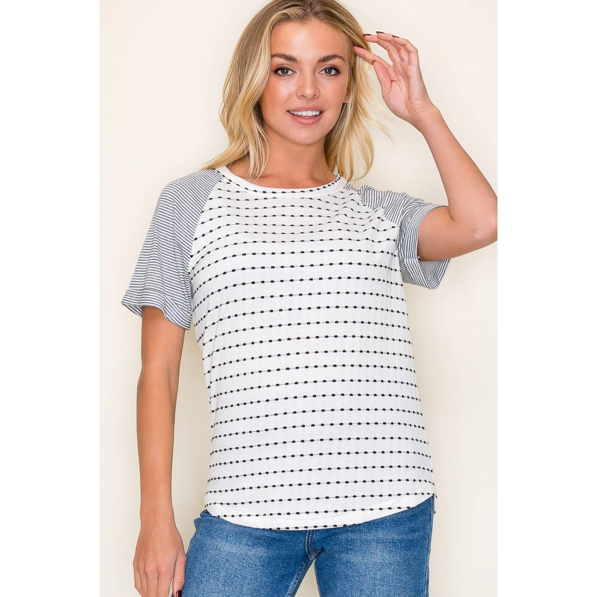 Maddie Ivory & Black Dotted Knit Top | Casual Round Neck Tee