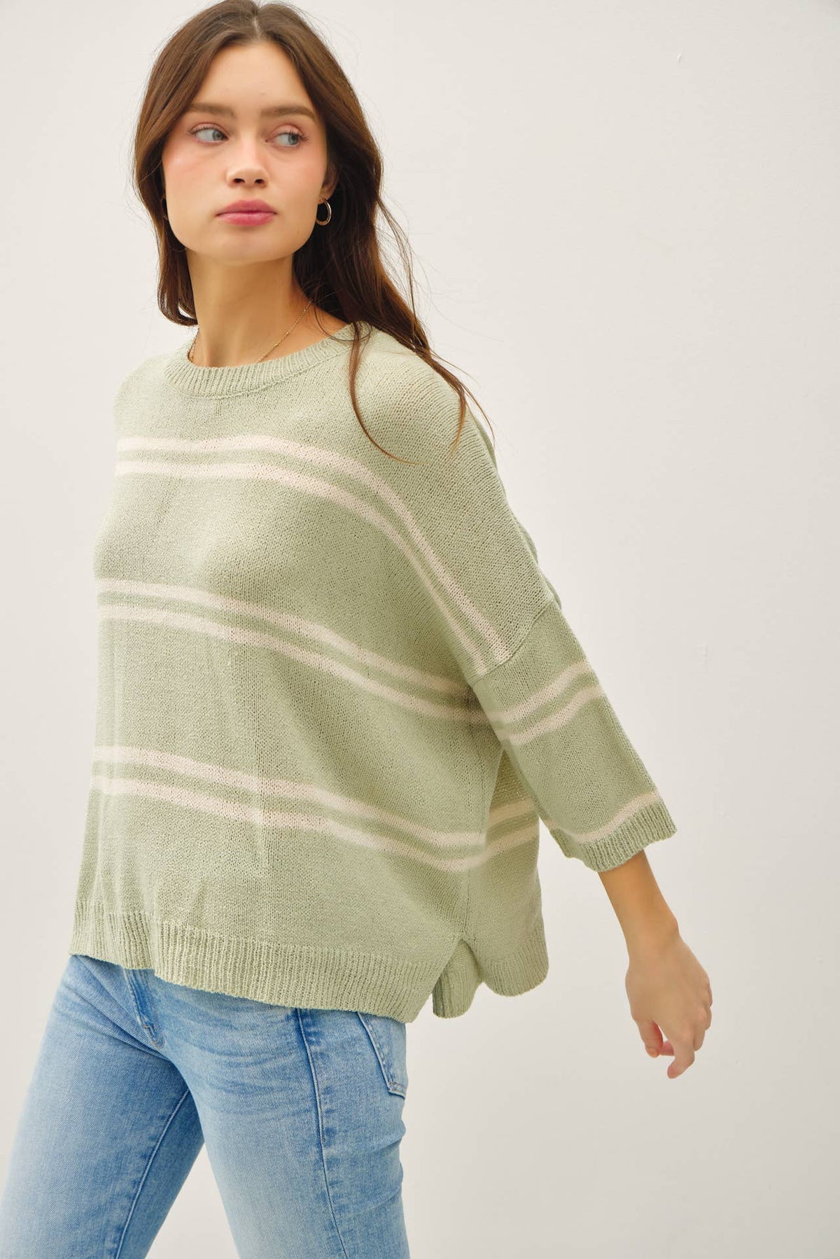 The Margot Double Stripe Knit Sweater: Sage  – Relaxed Lightweight Everyday Top