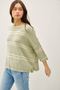 The Margot Double Stripe Knit Sweater: Sage  – Relaxed Lightweight Everyday Top