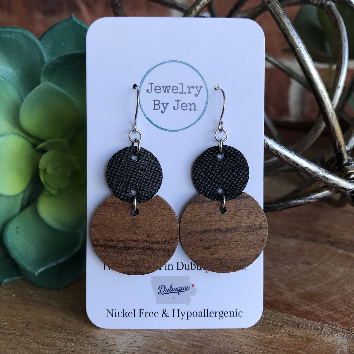 Dubuque Leather & Wood Drop Earrings – Genuine Leather, Hypoallergenic Lightweight Dangle Earrings