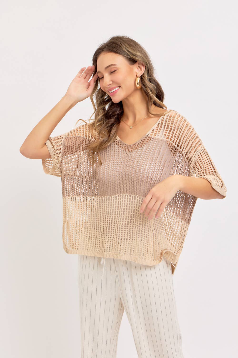 Jade Slouchy Open-Knit V-Neck Top