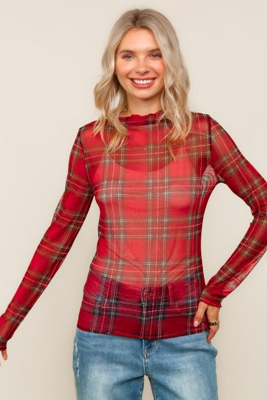 Festive Flannel Vibes Mesh Top – Red Plaid Sheer Long Sleeve Holiday Layer