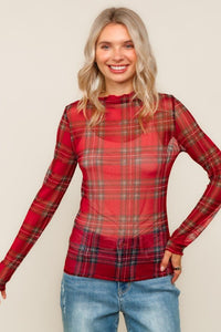 Festive Flannel Vibes Mesh Top – Red Plaid Sheer Long Sleeve Holiday Layer