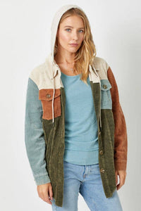 Sadie Color Block Corduroy Hoodie Shacket – Washed Button Down Hi-Low Hem