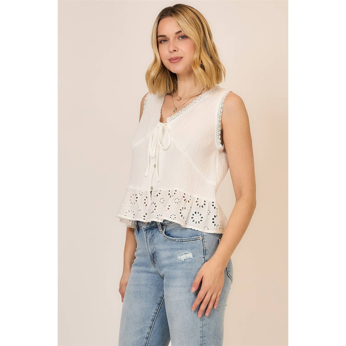 Ivory Eyelet Peplum Tie Front Top: Off White