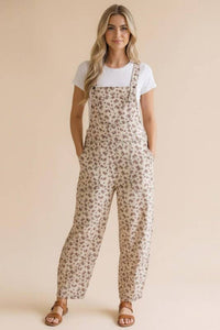 Willow Floral Barrel Leg Overalls: Oatmeal