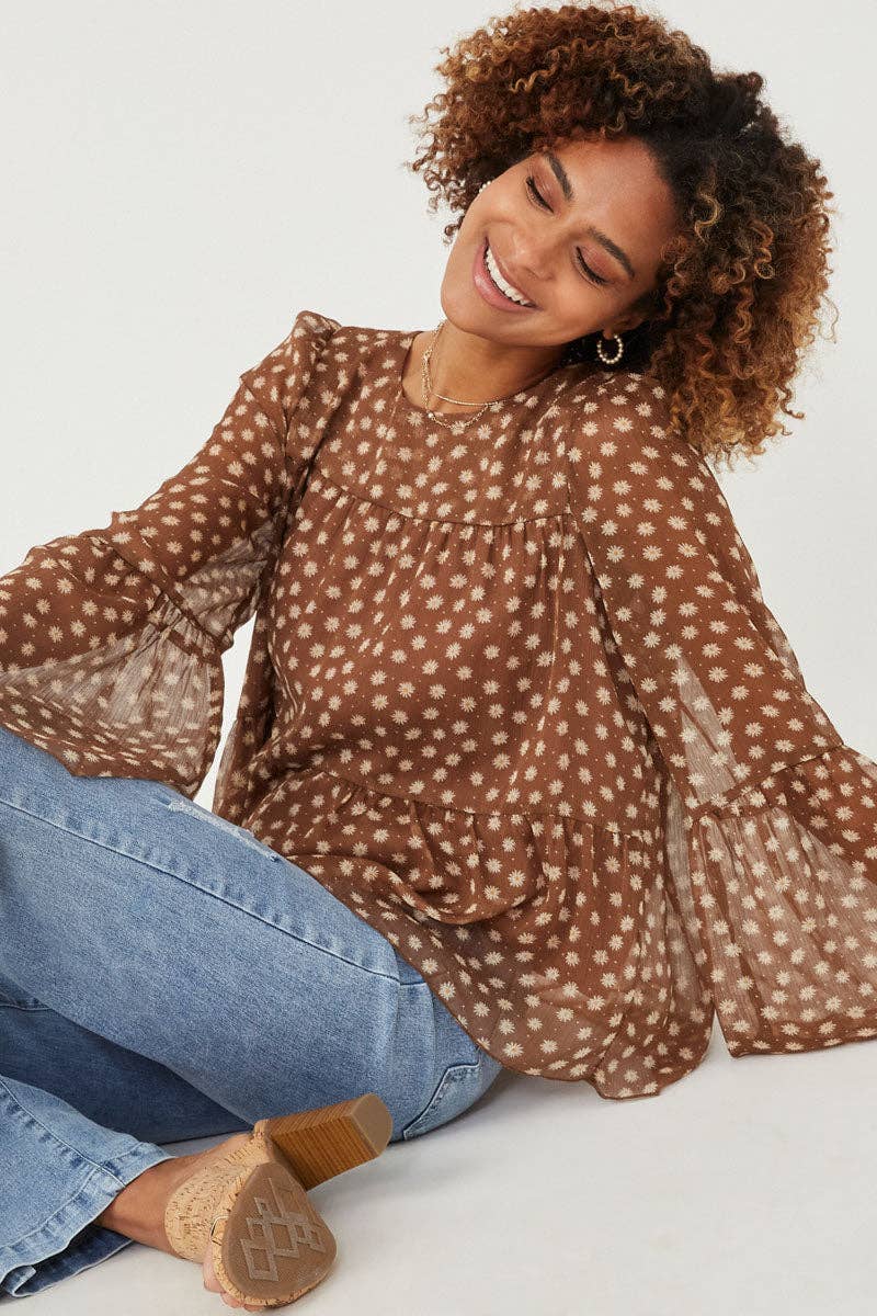 Autumn Daisy Chiffon Blouse Tiered Chiffon Top: Brown