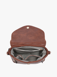 Jen & Co. Lorelei Double Zip Whipstitch Crossbody: Light Brown – Vegan Leather Braided Trim Bag