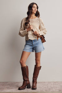 The Meadow Crochet Lace Long Sleeve Top: Ecru