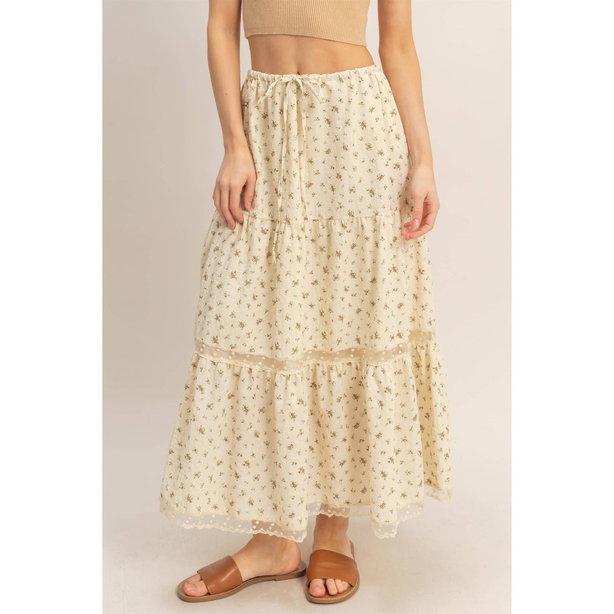 The Willow Lace Tiered Skirt: Cream/Brown Floral