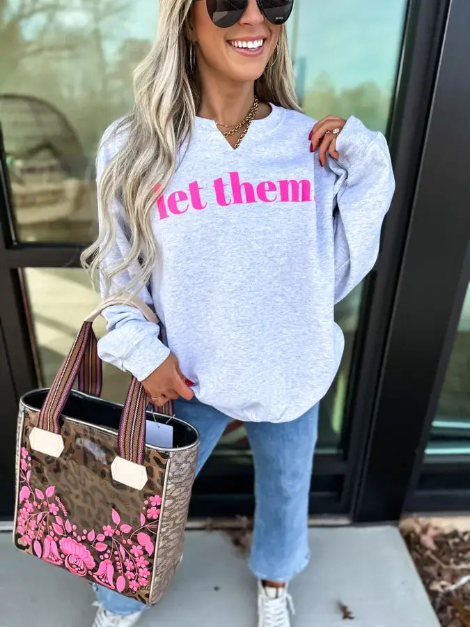 "Let Them" Split Neck Graphic Crewneck: Ash Grey