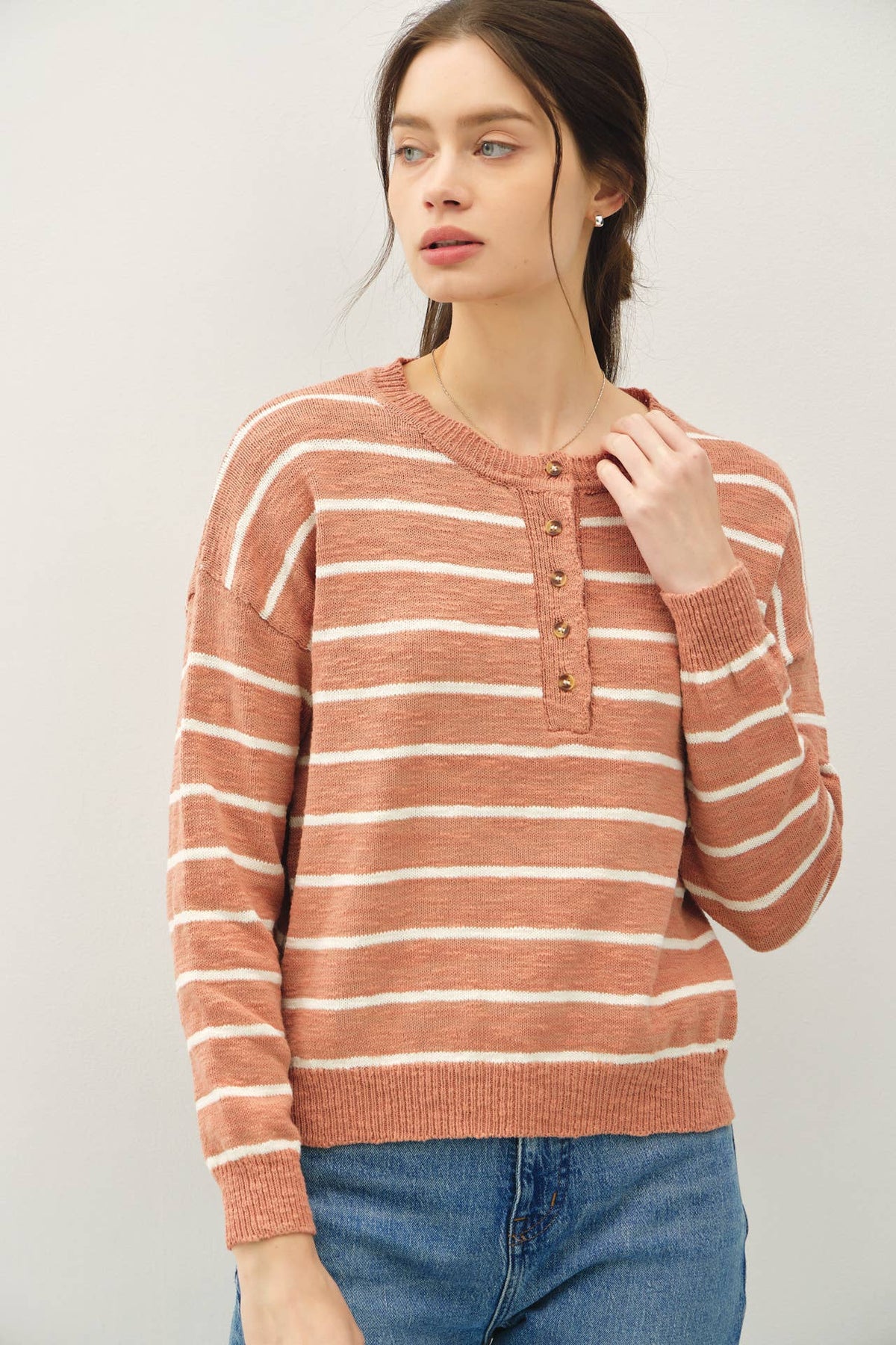 The Rowan Striped Henley Pullover Sweater – Cotton Slub Knit, Casual Drop Shoulder Crewneck