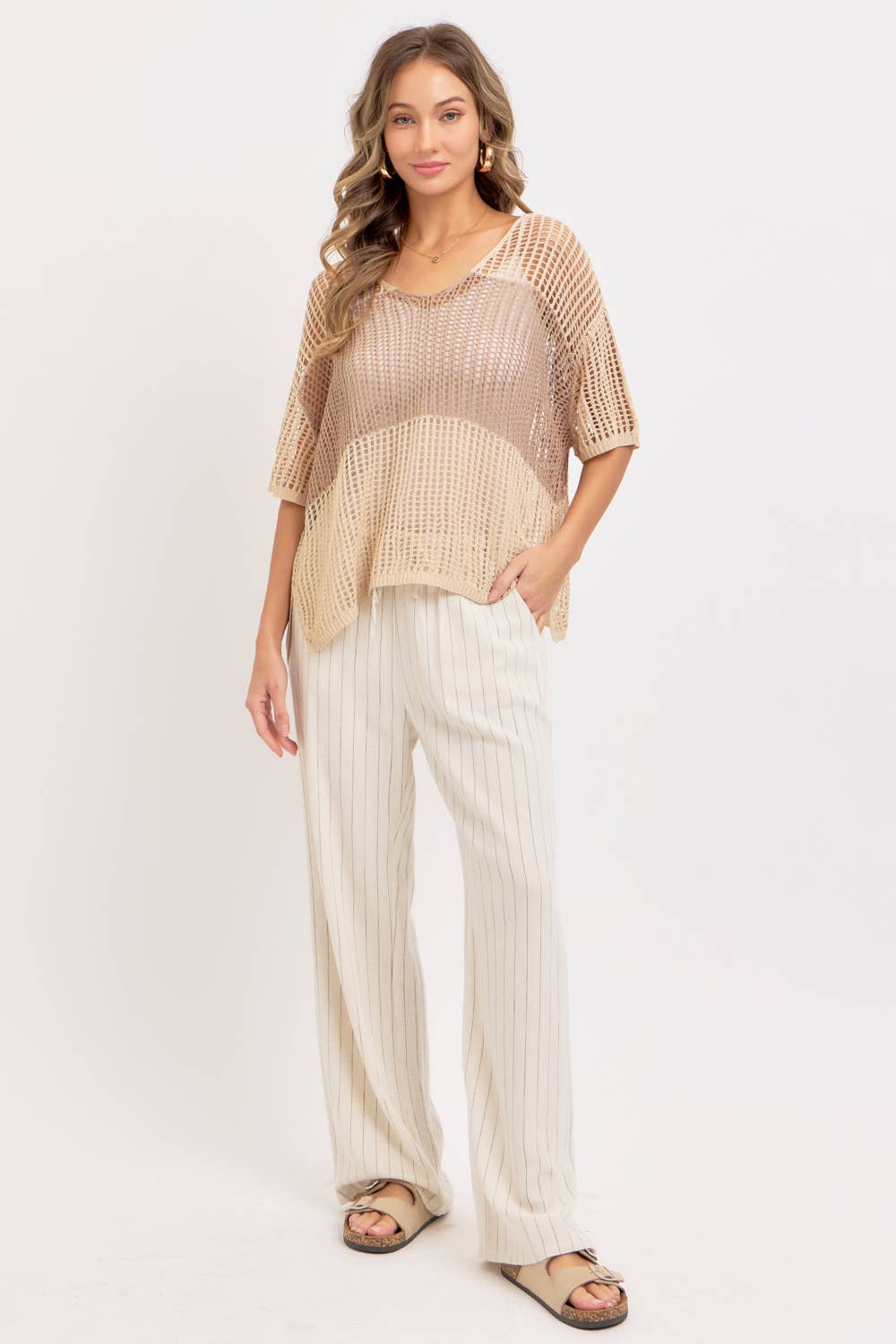 Jade Slouchy Open-Knit V-Neck Top