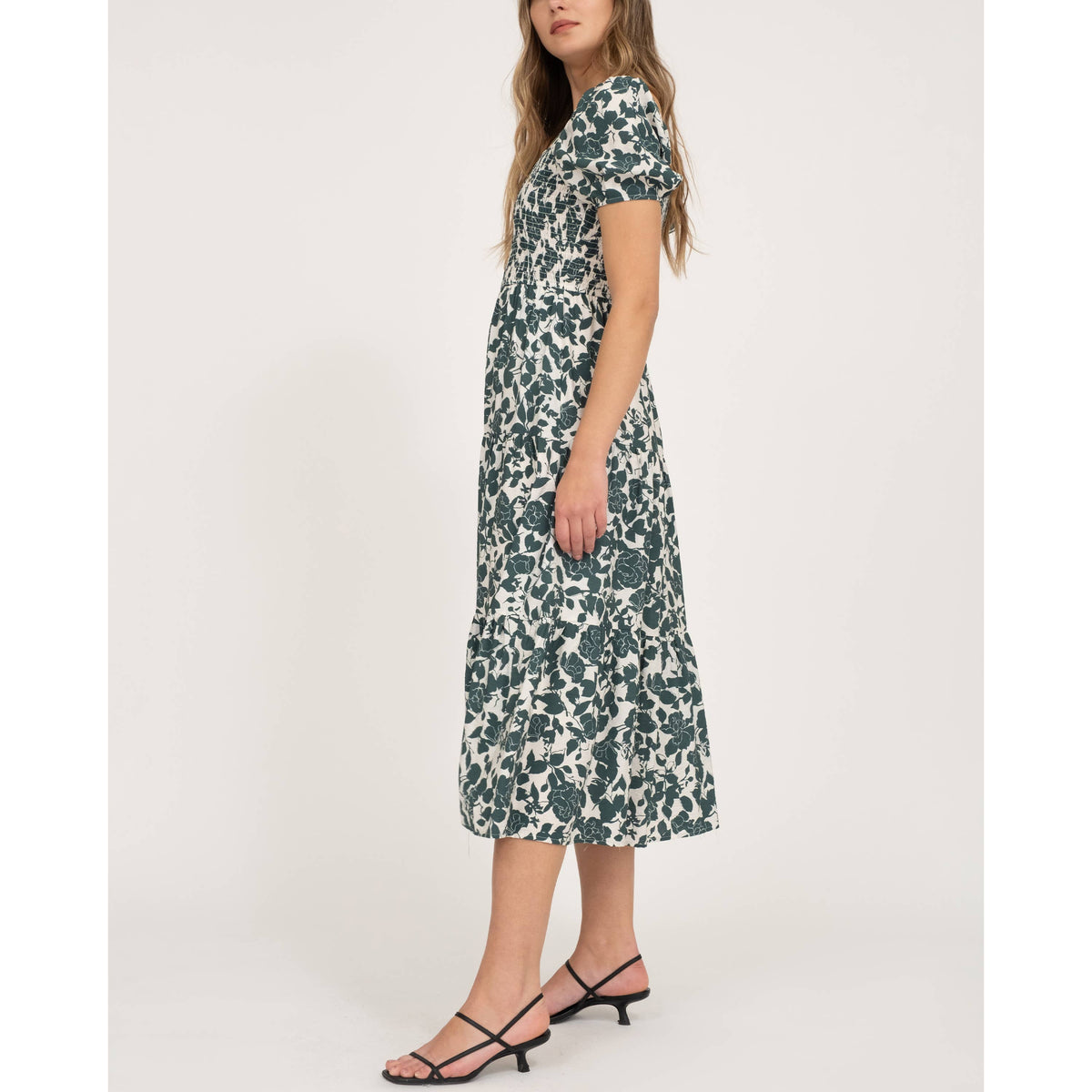 Ivy Garden Smocked Floral Midi Dress – Square Neck Puff Sleeve A-Line Dress for Women