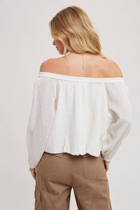 Mikey Linen Off the Shoulder Balloo Hem Top: Ivory