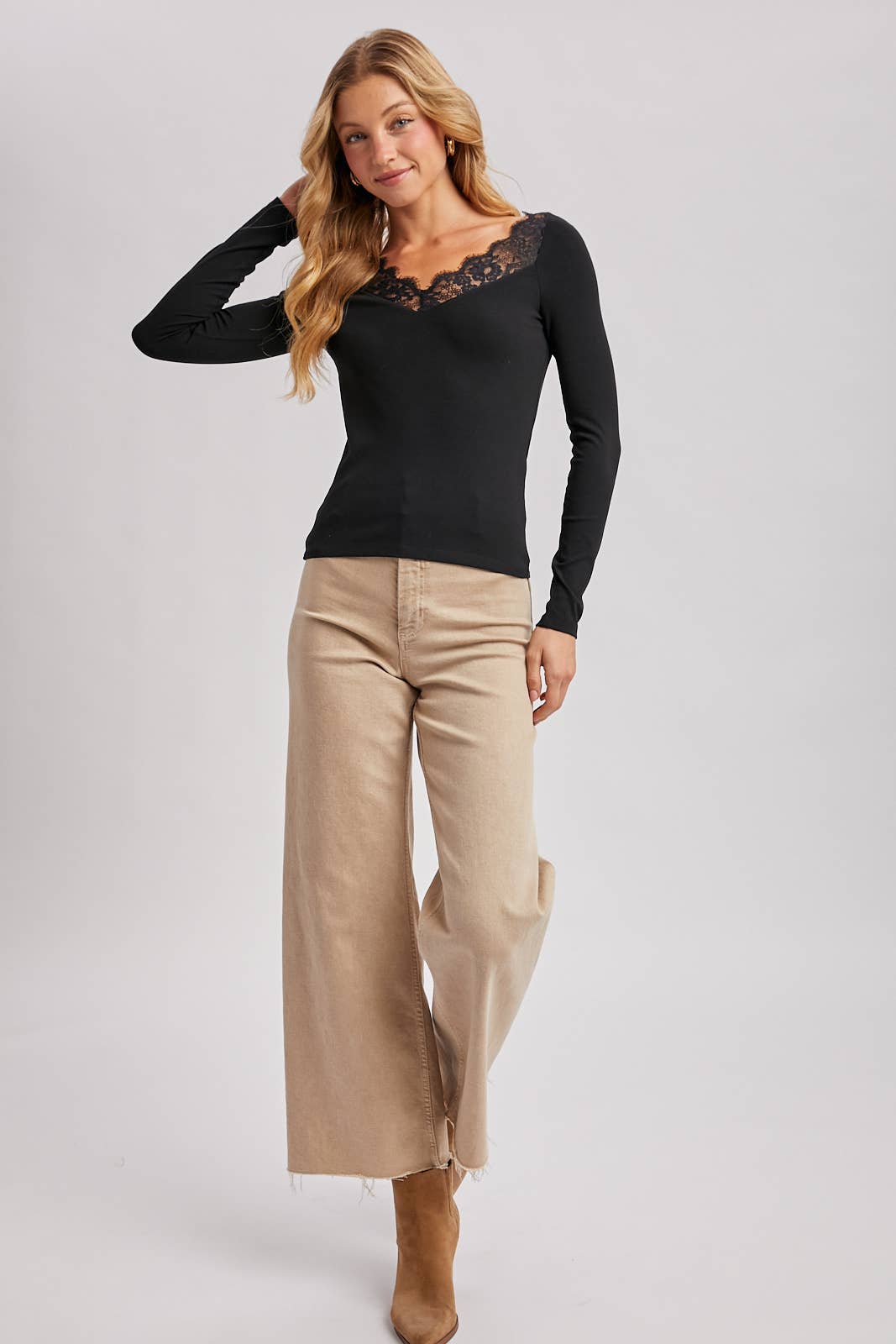 Maren Lace-Trim Ribbed Long Sleeve Top – Black V-Neck Essential | Northern Belle Boutique
