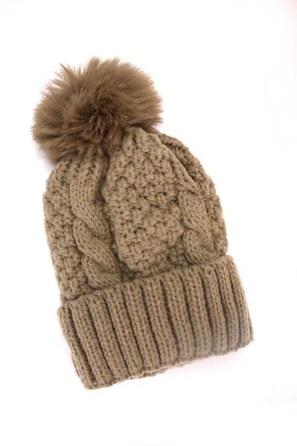 Avery Cable Knit Pom Pom Beanie – Classic Winter Hat (One Size)