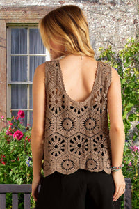 The Sienna Cotton Crochet Tank: Mocha  – Casual Scoop Neck Summer Knit Top for Women