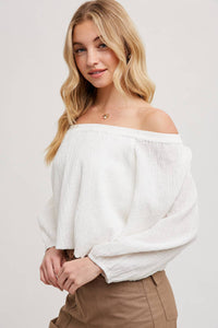 Mikey Linen Off the Shoulder Balloo Hem Top: Ivory