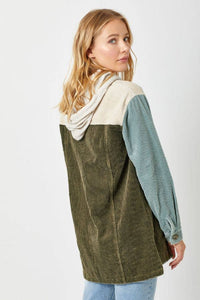 Sadie Color Block Corduroy Hoodie Shacket – Washed Button Down Hi-Low Hem