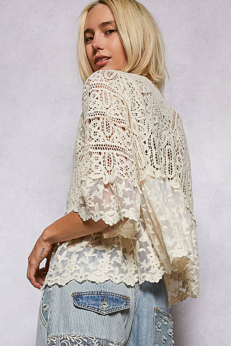 V-neck Short Sleeve Crochet Floral Lace Cardigan: NATURAL / OS