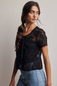 The Rosalie Floral Lace Top: Black – Scoop Neck Tie Front Feminine Blouse
