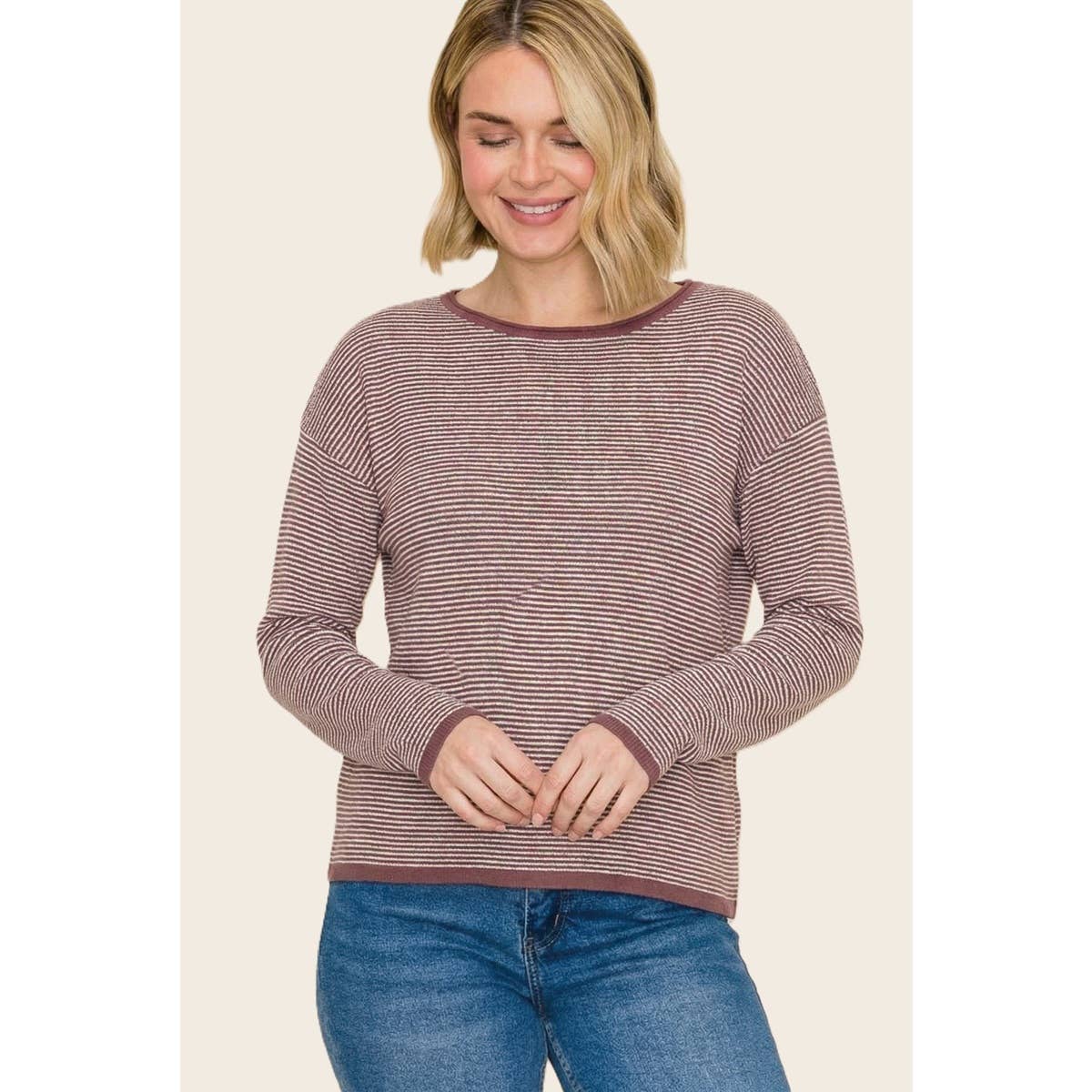 Cabernet Mini Waffle Texture Stripe Pullover Sweater: Burgundy