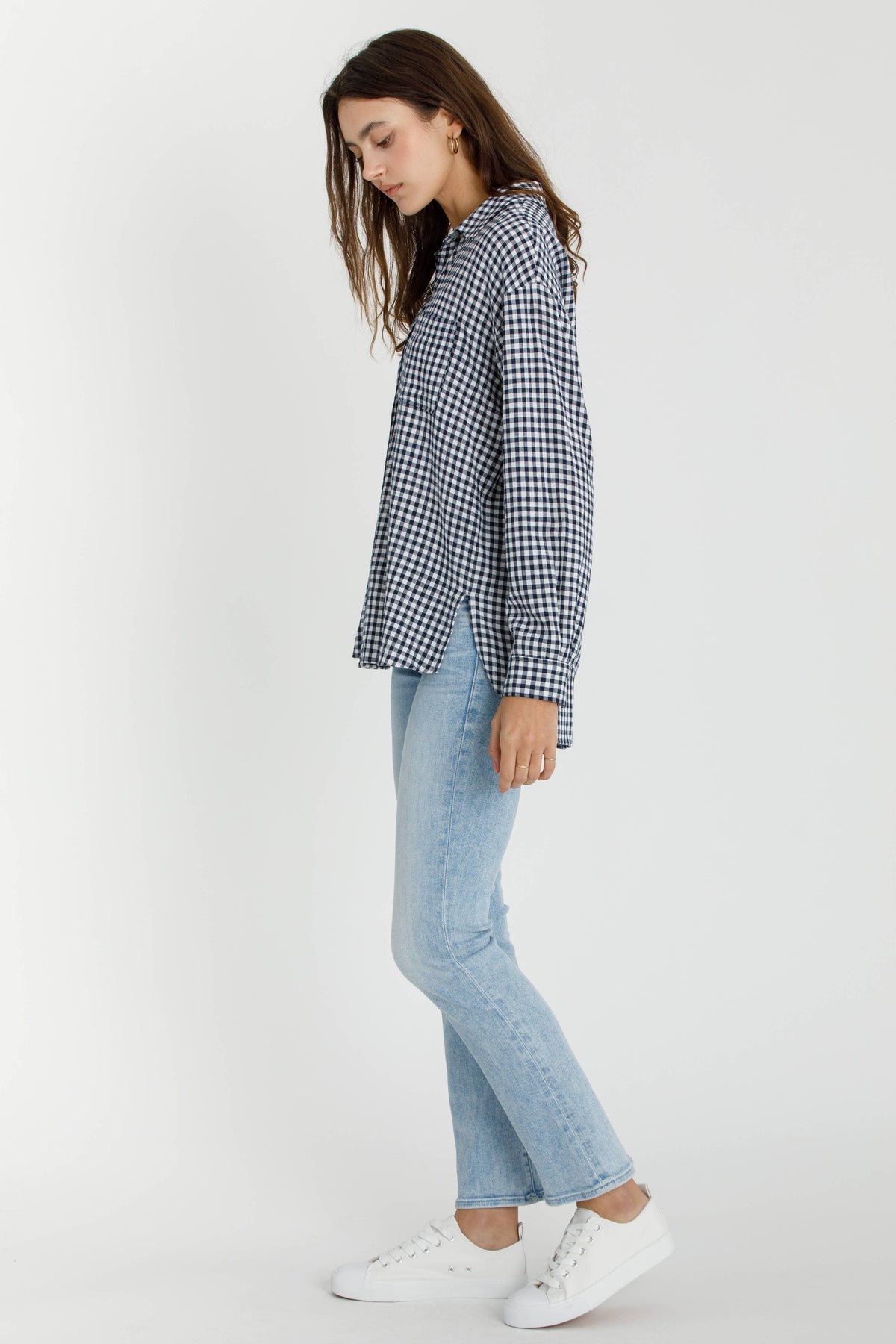 Brie Gingham Long Sleeve Button Down Lightweight Summer Blouse: Navy