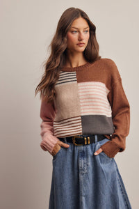 Worth the Mix Colorblock Sweater: Brown/ Multi