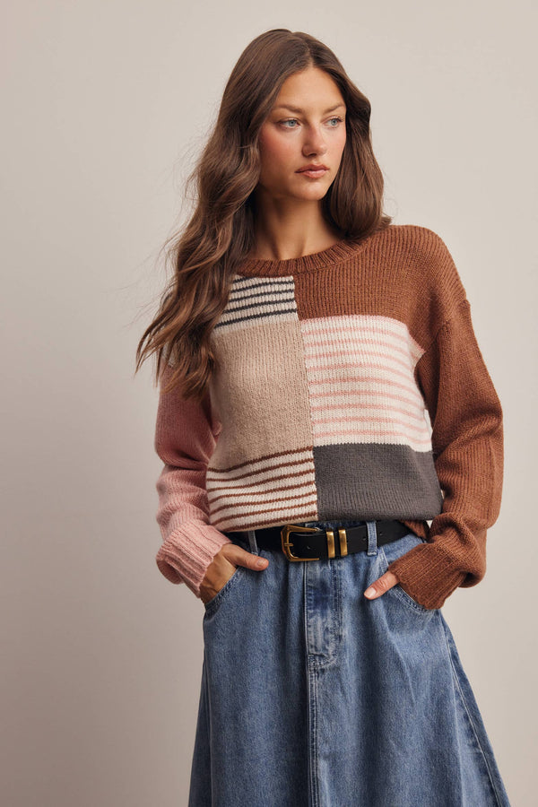 Worth the Mix Colorblock Sweater: Brown/ Multi
